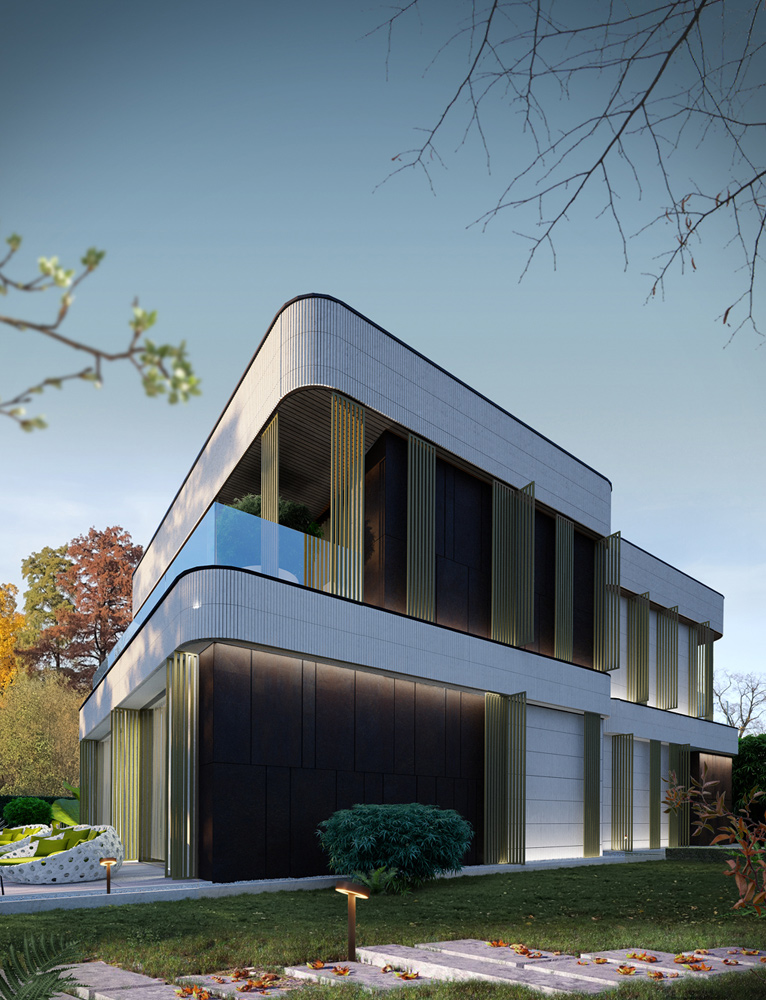 Elegancję fasady podkreślają anodyzowane panele w formie pionowych żaluzji, które przypominają architektoniczną biżuterię.